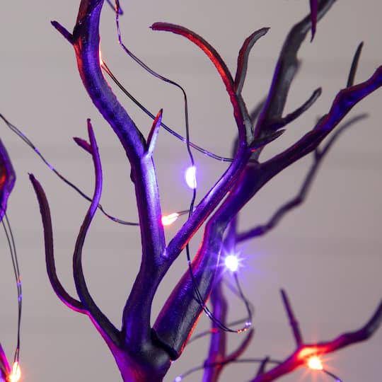 16" Pre-Lit Artificial Halloween Black Spooky Twig Tree with Bats and 20 Orange & Purple LED Lights